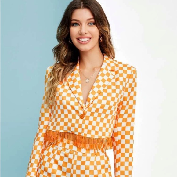 Checkered Print Fringe Trim Lapel Neck Blazer - Picture 2 of 4